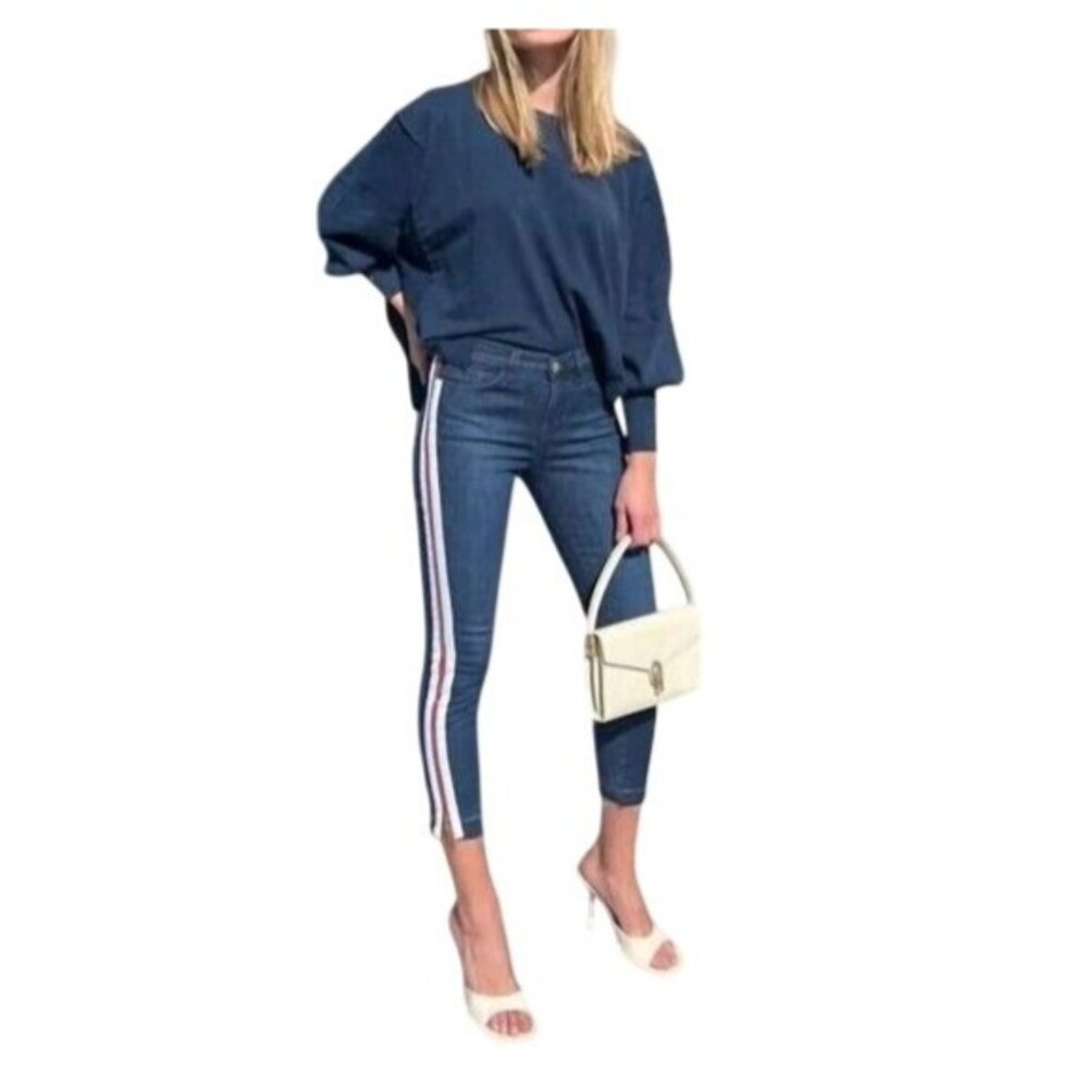 ETIENNE MARCEL Tuxedo Stripe Jeans Sz 25 Dark Wash Red White Gold Full Leg Zip
